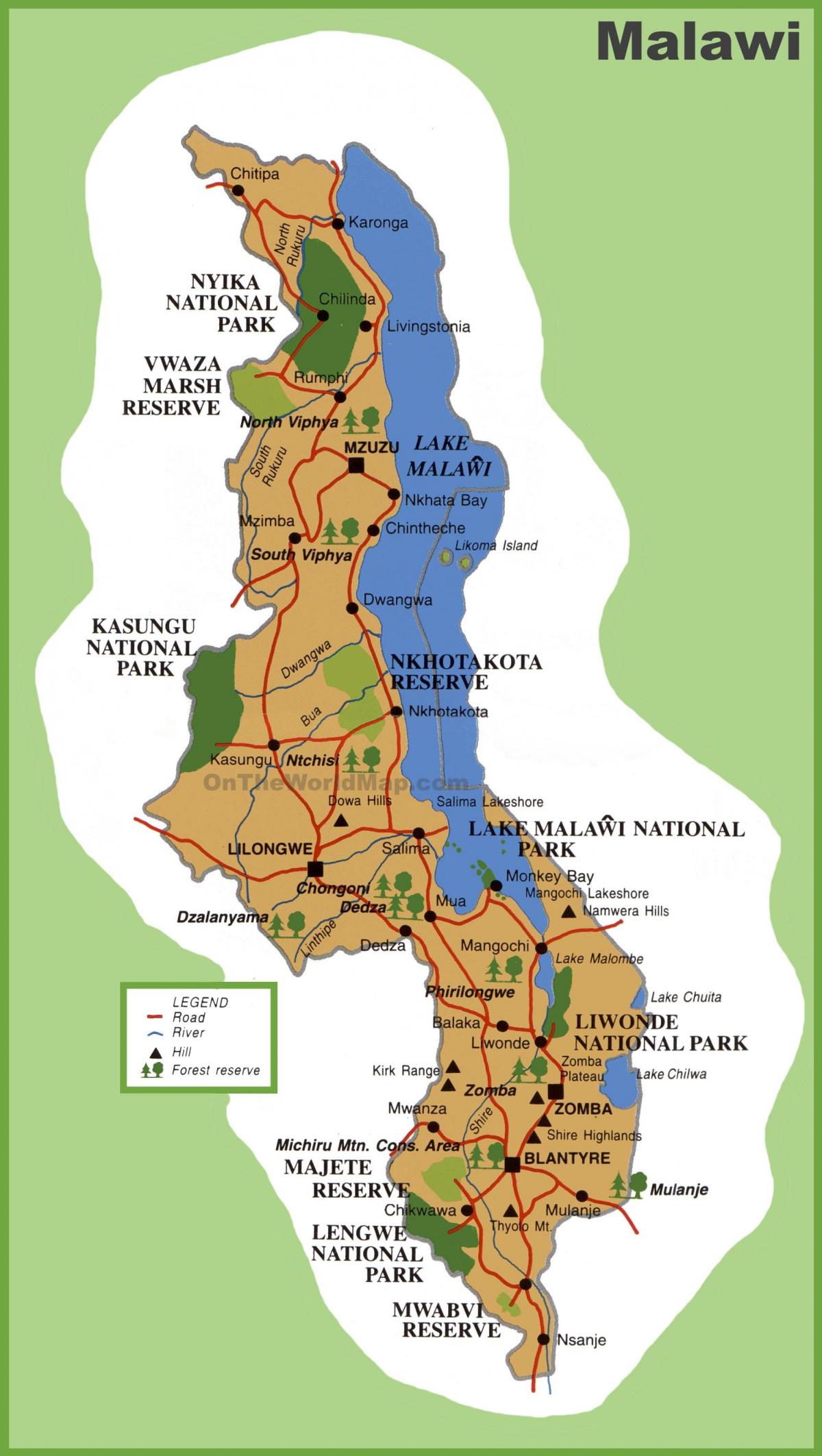 नक्शे के मलावी और आसपास के देशों